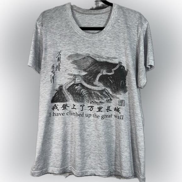 Great Wall Print Y2K Vintage Style Unisex M/L Tagless Short Sleeved Tee Asian - Picture 1 of 5